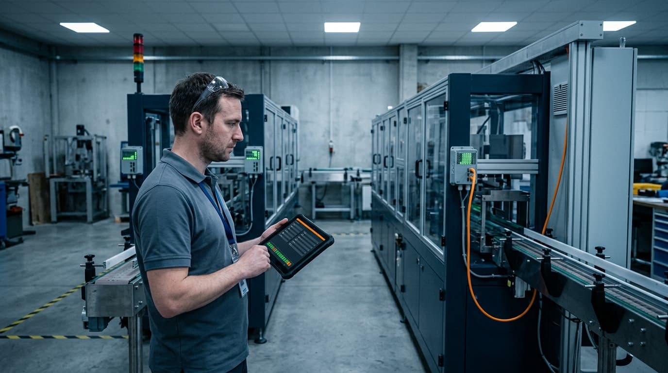 Ein Techniker steht zwischen zwei baugleichen Verpackungslinien und vergleicht auf einem Tablet die Signallisten beider Linien, an den Maschinen hängen Edge-Gateways mit grüner Anzeige, an der rechten Linie führt ein orangefarbenes Kabel in den Schaltschrank