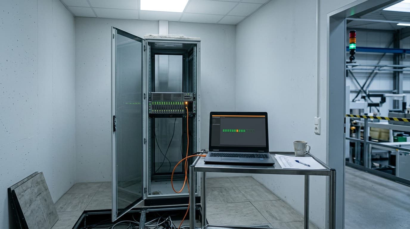 Offener Serverschrank in einem schlichten Werks-IT-Raum, ein Laptop auf einem Rollwagen hängt über ein orangefarbenes Patchkabel am Server, daneben eine abgehakte Liste und eine Tasse, durch die offene Tür die Produktionshalle mit Signalsäule
