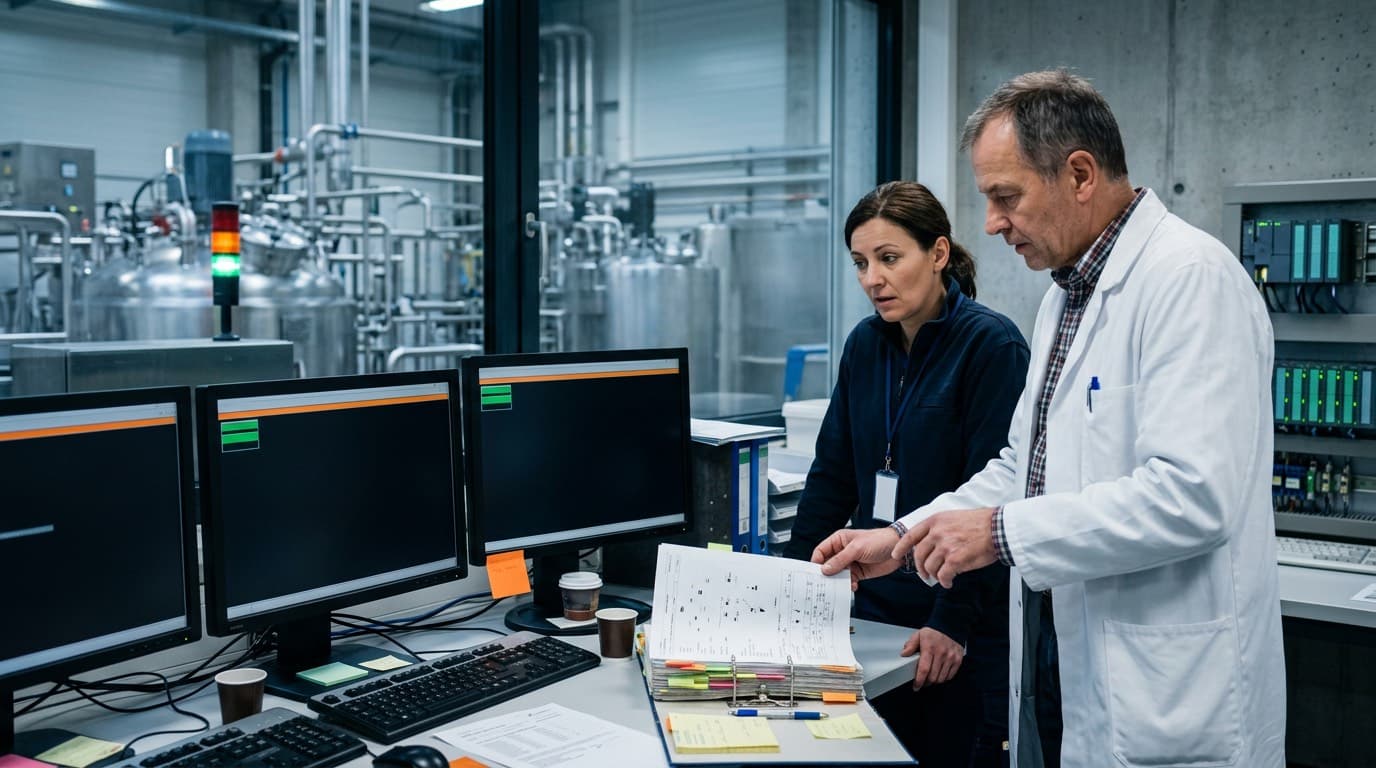 Prozessleitwarte in einem Pharma- oder Lebensmittelwerk: Ein Qualitätsverantwortlicher im Laborkittel zeigt einer Schichtleiterin eine ausgedruckte Chargenvorschrift mit bunten Registern, daneben die Monitore des Leitrechners, hinter der Glaswand Edelstahlbehälter und Rohrleitungen der Produktion