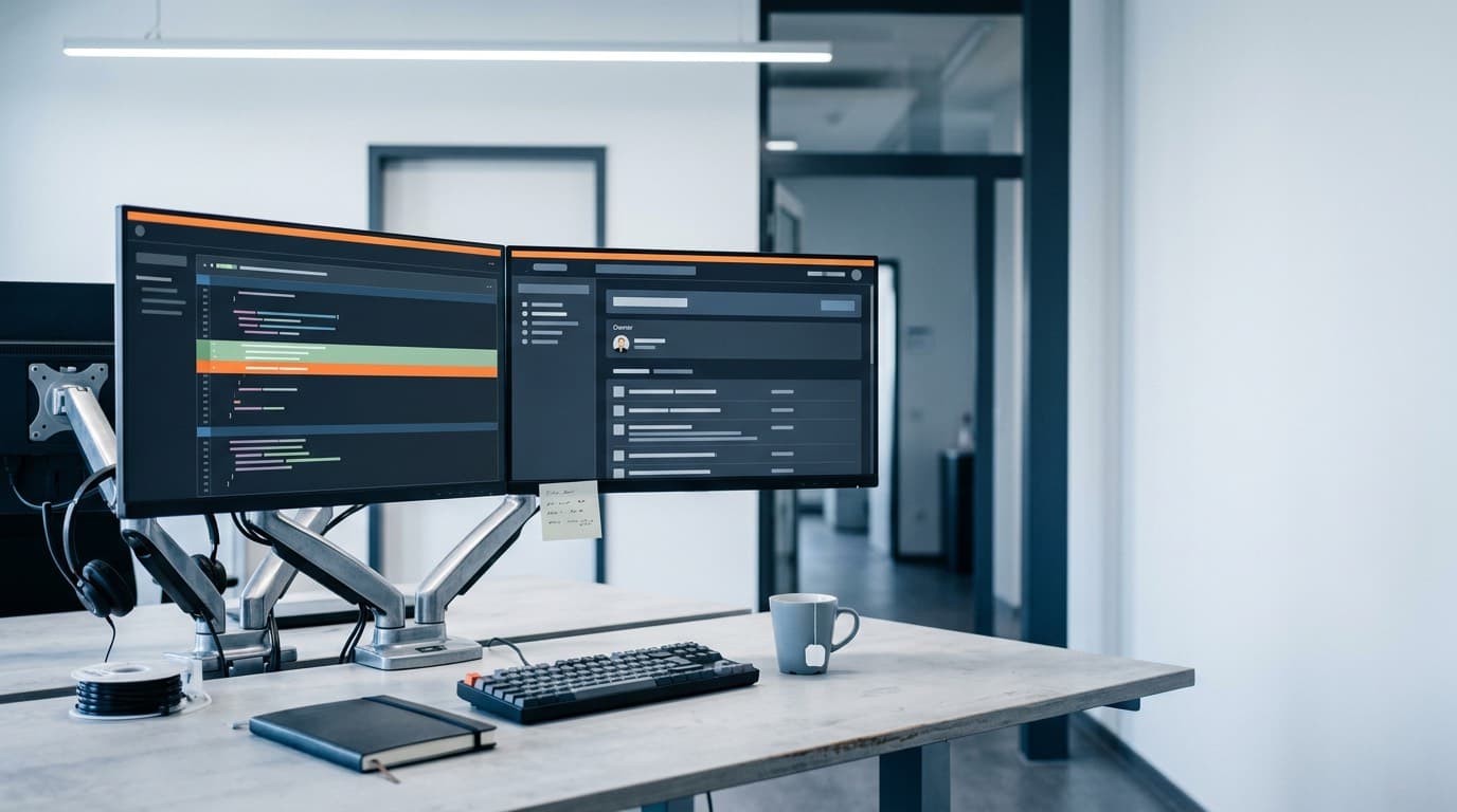 Arbeitsplatz mit zwei Monitoren: links ein Code-Diff mit einer grün und einer orange markierten Zeile, rechts der Katalogeintrag eines Services mit seinem Owner