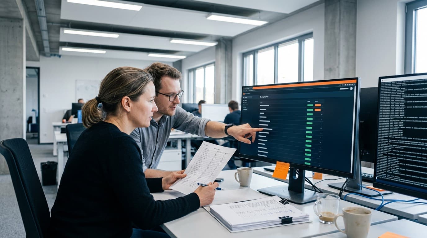 Eine Platform-Engineerin gleicht eine ausgedruckte Service-Liste mit dem Software-Katalog am Monitor ab, ein Kollege zeigt auf eine Zeile mit orangem Status