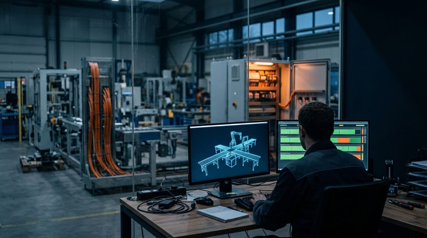 Virtuelle Inbetriebnahme: Ein Steuerungstechniker sitzt vor zwei Monitoren mit dem Drahtgittermodell einer Förderanlage mit Robotern und grünen und orangefarbenen Pipeline-Statusbalken, hinter einer Glaswand die Maschinenhalle mit halb verdrahteter Anlage und offenem Schaltschrank