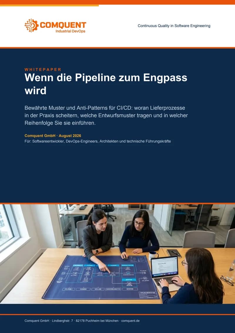 Titelseite des Comquent-Whitepapers „Wenn die Pipeline zum Engpass wird“ (CI/CD — Muster und Anti-Patterns)