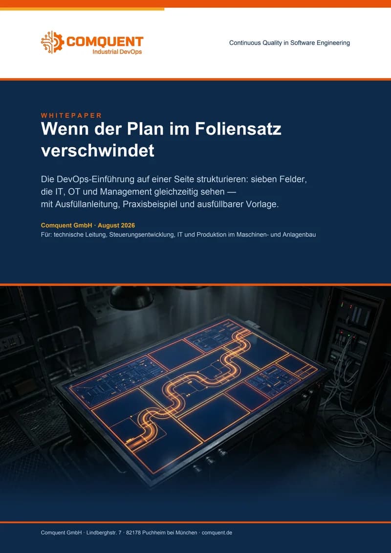 Titelseite des Comquent-Whitepapers „Wenn der Plan im Foliensatz verschwindet“ (DevOps-Roadmap Canvas Template)