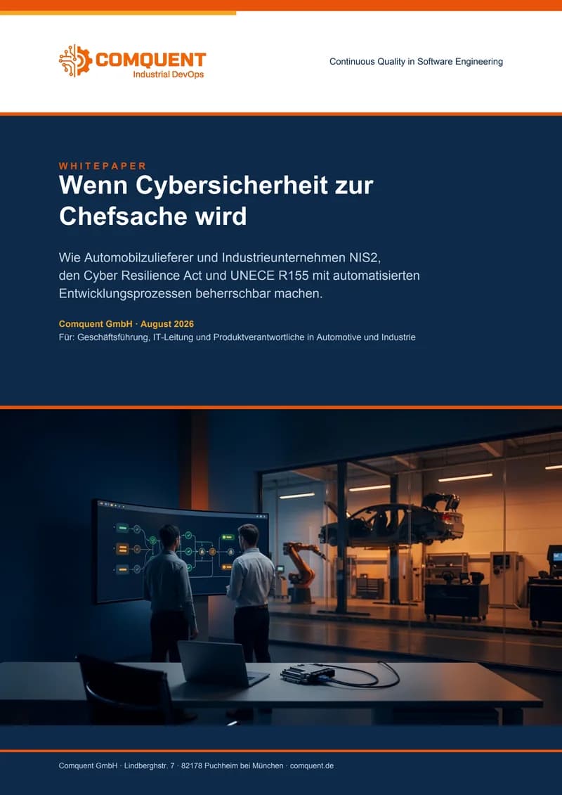 Titelseite des Comquent-Whitepapers „Wenn Cybersicherheit zur Chefsache wird“ (DevSecOps für regulierte Branchen)