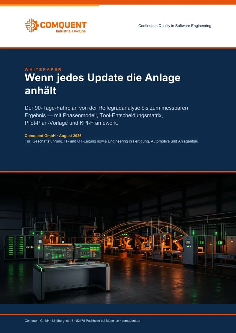 Titelseite des Comquent-Whitepapers „Wenn jedes Update die Anlage anhält“ (Industrial DevOps in 90 Tagen)