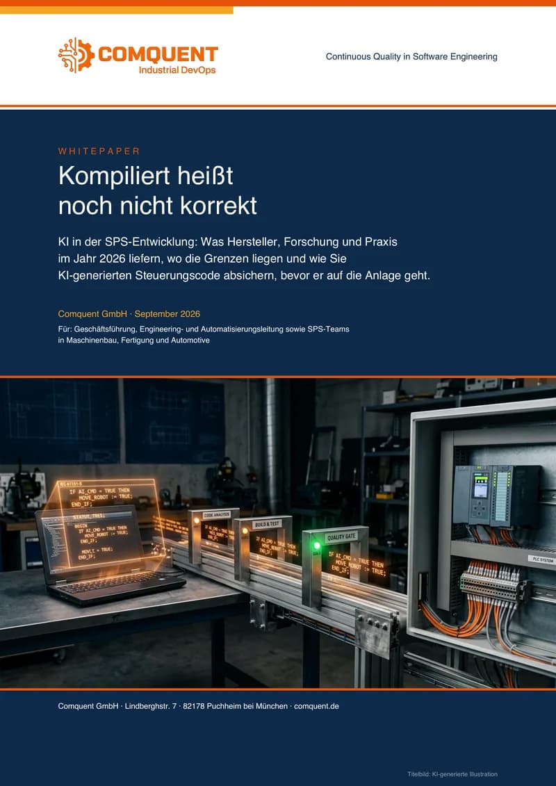 Titelseite des Comquent-Whitepapers „Kompiliert heißt noch nicht korrekt“ (KI in der SPS-Entwicklung)