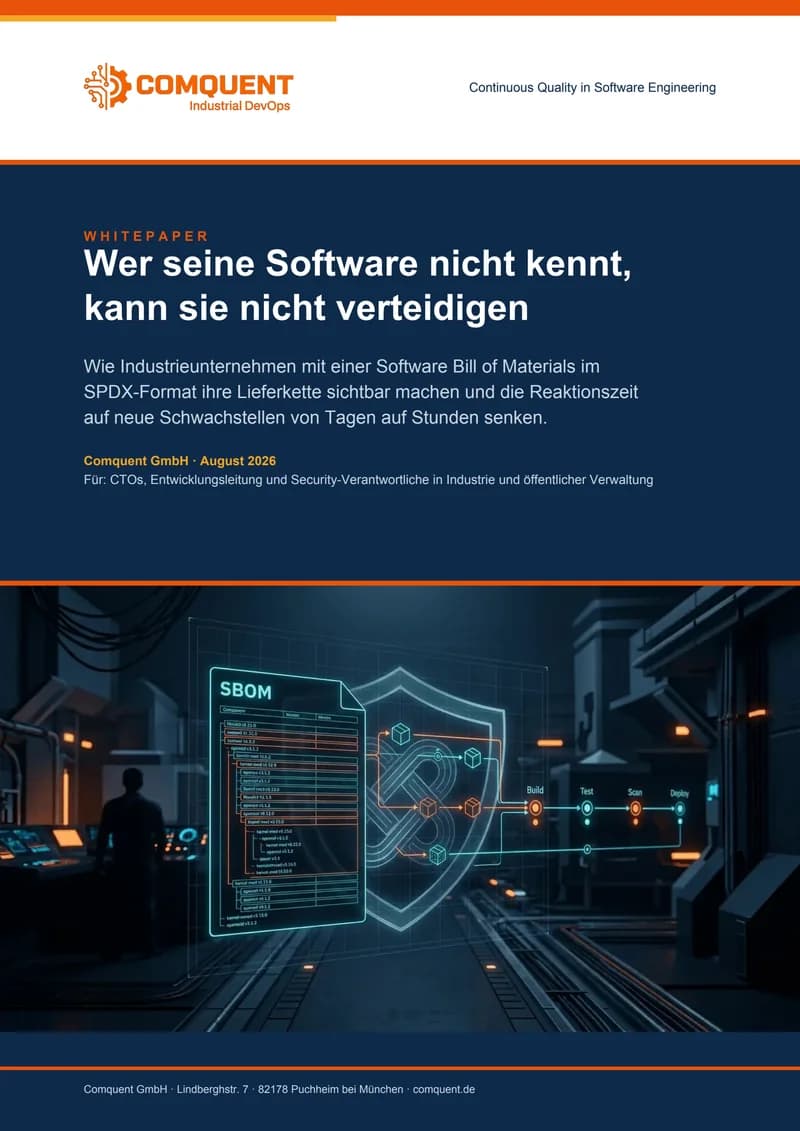 Titelseite des Comquent-Whitepapers „Wer seine Software nicht kennt, kann sie nicht verteidigen“ (SBOM mit SPDX)