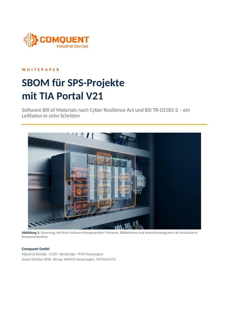Titelseite des Comquent-Whitepapers „SBOM für SPS-Projekte mit TIA Portal V21“