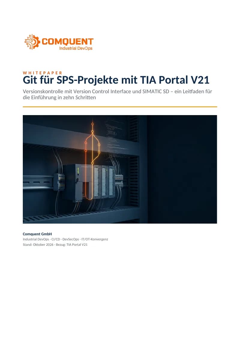 Titelseite des Comquent-Whitepapers „Git für SPS-Projekte mit TIA Portal V21“ (TIA Portal V21 mit Git versionieren)
