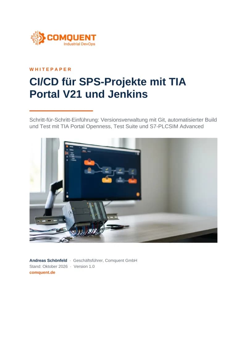 Titelseite des Comquent-Whitepapers „CI/CD für SPS-Projekte mit TIA Portal V21 und Jenkins“ (CI/CD für TIA Portal V21 mit Jenkins)