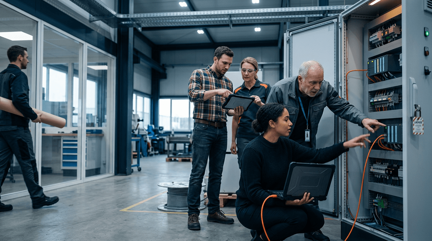 Vier Workshop-Teilnehmende an einem geöffneten Schaltschrank in der Fertigungshalle: Eine Frau kniet mit einem Laptop, der über ein oranges Industriekabel mit der Steuerung verbunden ist, ein älterer Techniker zeigt auf ein Modul, zwei weitere verfolgen die Anzeige auf einem Tablet.