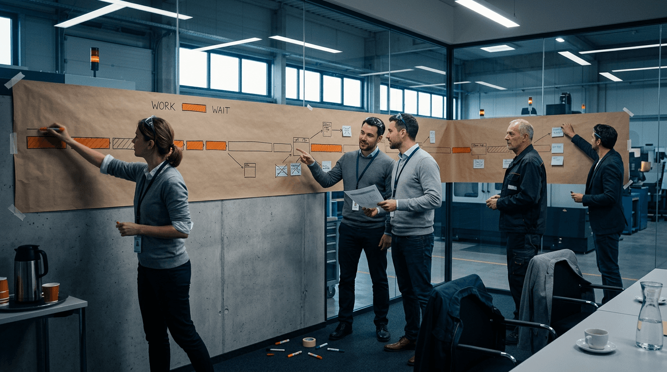Fünf Workshop-Teilnehmende arbeiten an einer Wertstromkarte auf Packpapier: Eine Frau zeichnet links ein Segment ein, zwei Männer diskutieren in der Mitte mit einem Ausdruck in der Hand, rechts stehen zwei weitere vor dem hinteren Teil der Karte. Über der Karte stehen die Wörter Work und Wait.