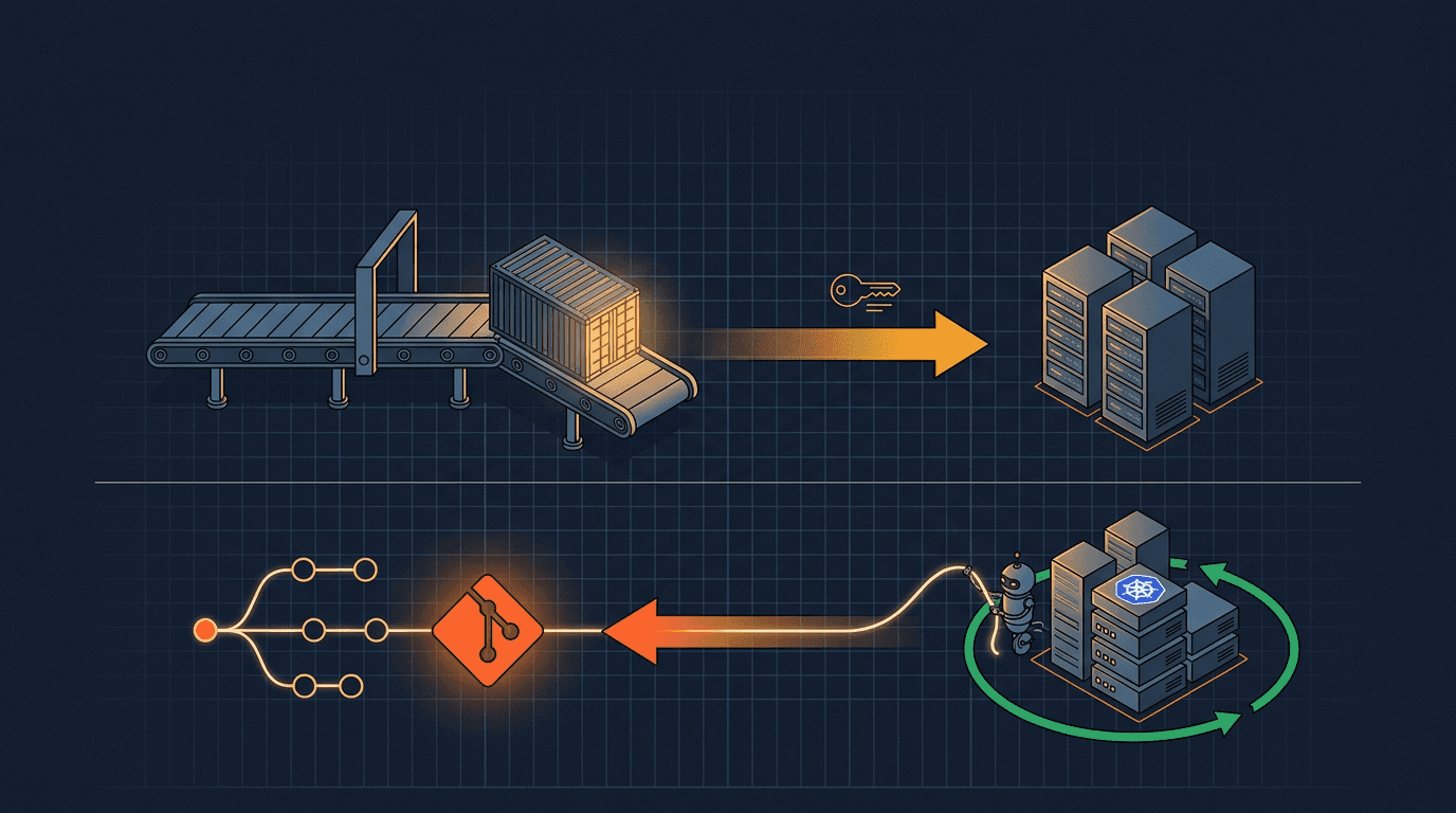 CI/CD vs. GitOps als Schema: oben pusht eine CI-Pipeline ein Container-Artefakt aktiv in ein Server-Cluster, unten zieht ein Cluster-Agent den Soll-Zustand aus einem Git-Repository und reconciled ihn in einer grünen Schleife