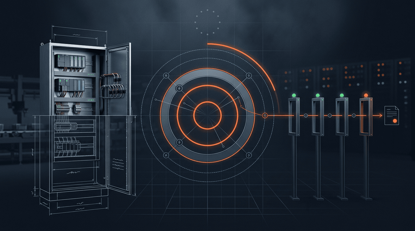 Industrial-Precision-Schema zu NIS2: links ein industrieller Schaltschrank als Blueprint-Cutaway, in der Mitte ein Betroffenheits-Radar mit drei Ringen für wesentliche Einrichtungen, wichtige Einrichtungen und Lieferkette, rechts eine CI/CD-Pipeline mit Quality Gates, die in ein signiertes Audit-Artefakt mündet