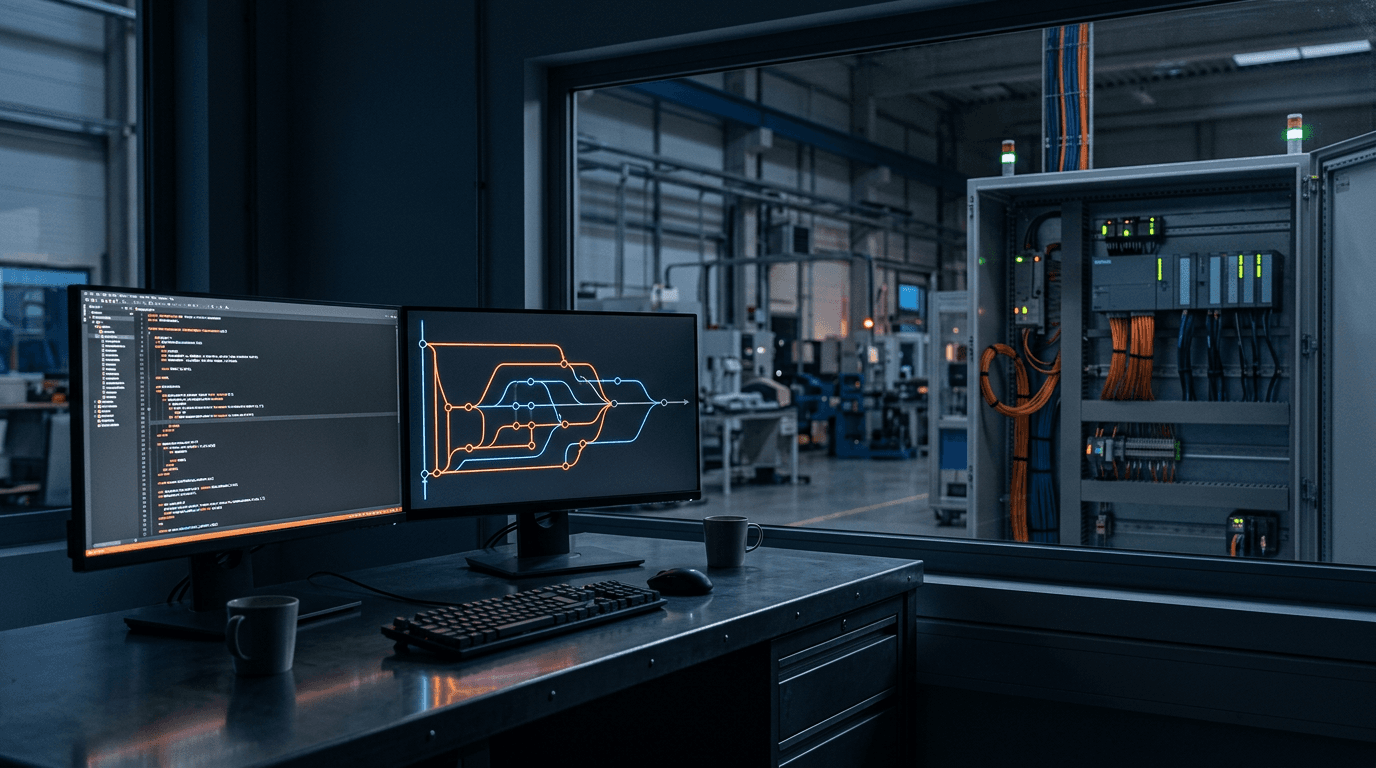 TIA Portal mit Git versionieren — Engineering-Arbeitsplatz mit SCL-Code und Git-Branch-Graph vor SPS-Schaltschrank