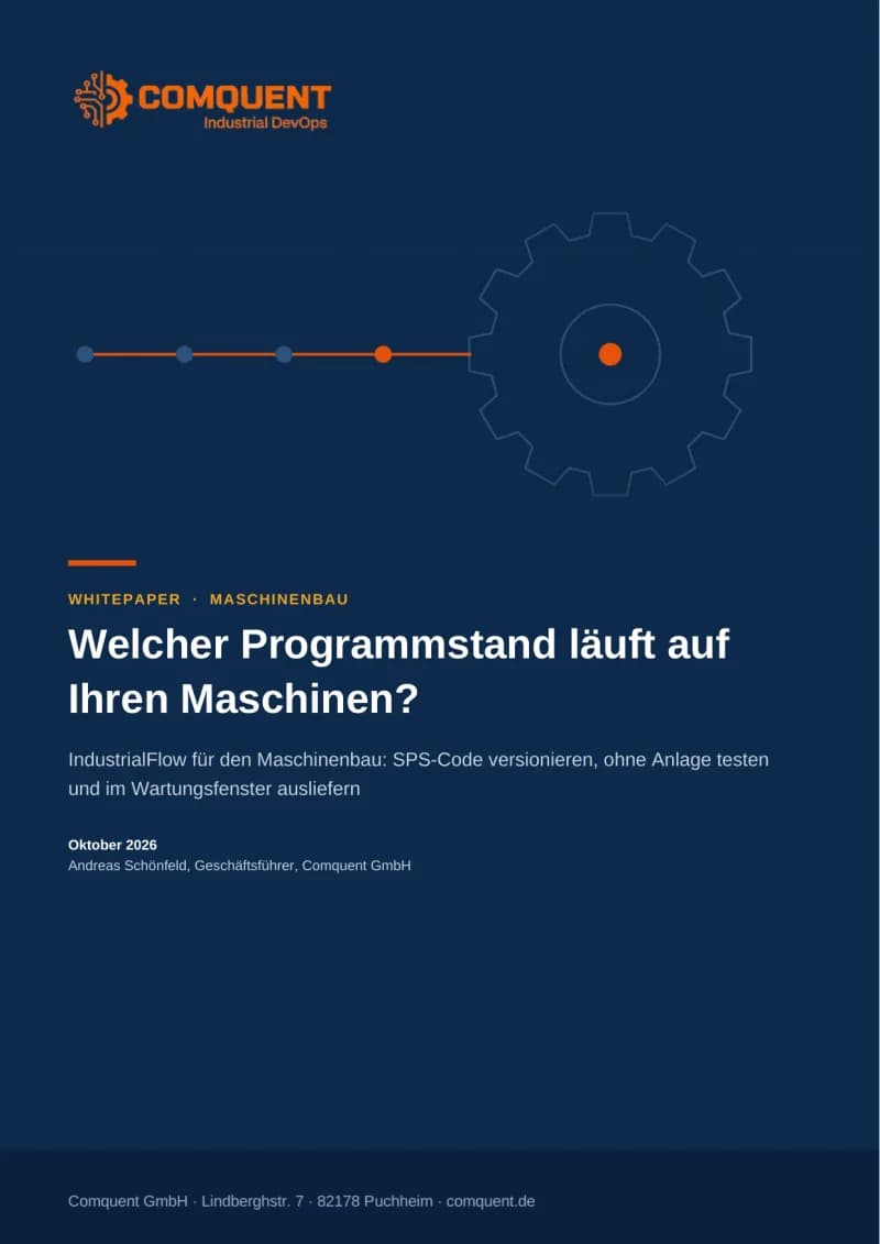 Titelseite des Comquent-Whitepapers „Welcher Programmstand läuft auf Ihren Maschinen?“ (IndustrialFlow für den Maschinenbau)