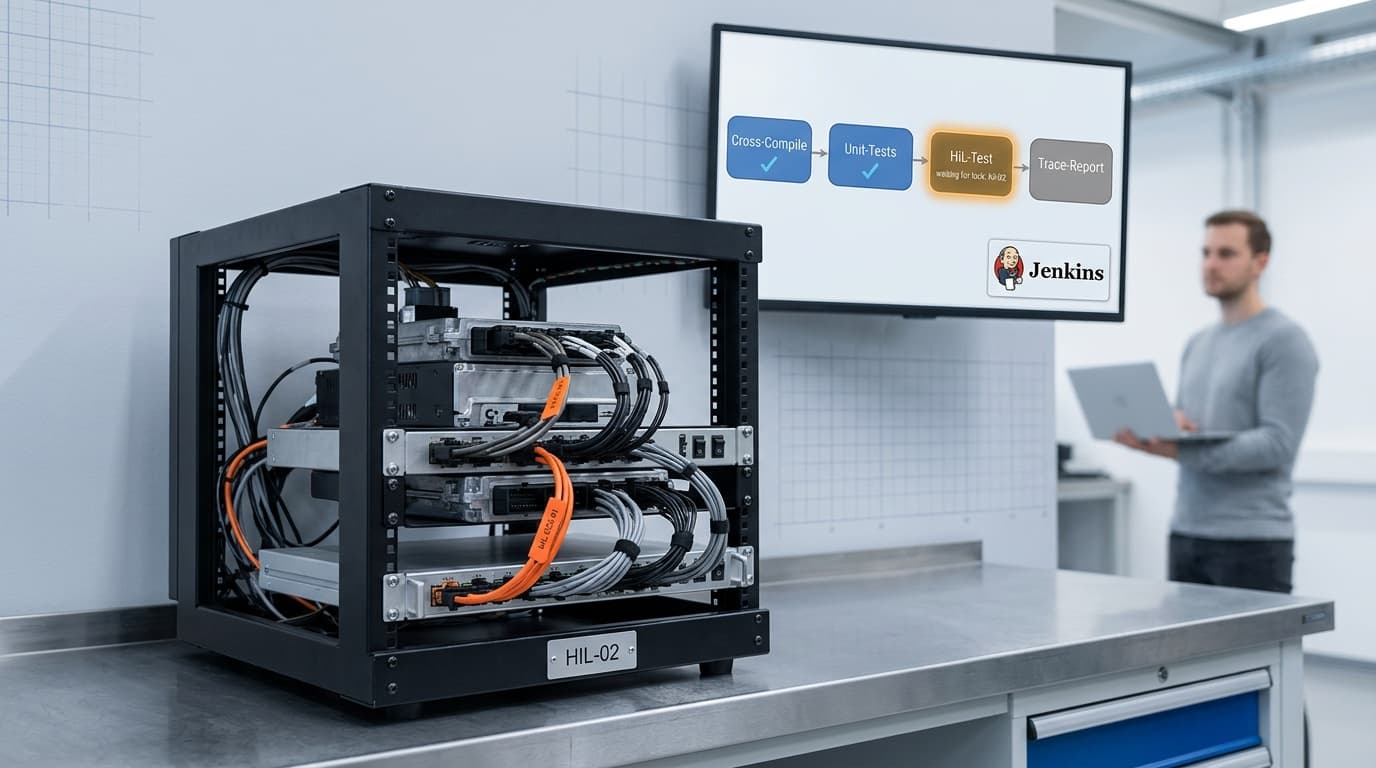 Ein offenes Rack mit Steuergeräten und gebündelten Kabelbäumen steht als Hardware-in-the-Loop-Prüfstand mit dem Schild HIL-02 auf einer Werkbank. Auf dem Monitor dahinter zeigt eine Jenkins-Pipeline die Stages Cross-Compile, Unit-Tests, HiL-Test und Trace-Report. Die ersten beiden sind abgehakt, der HiL-Test leuchtet orange und wartet auf die Sperre des Prüfstands. Im Hintergrund steht ein Ingenieur mit Laptop.