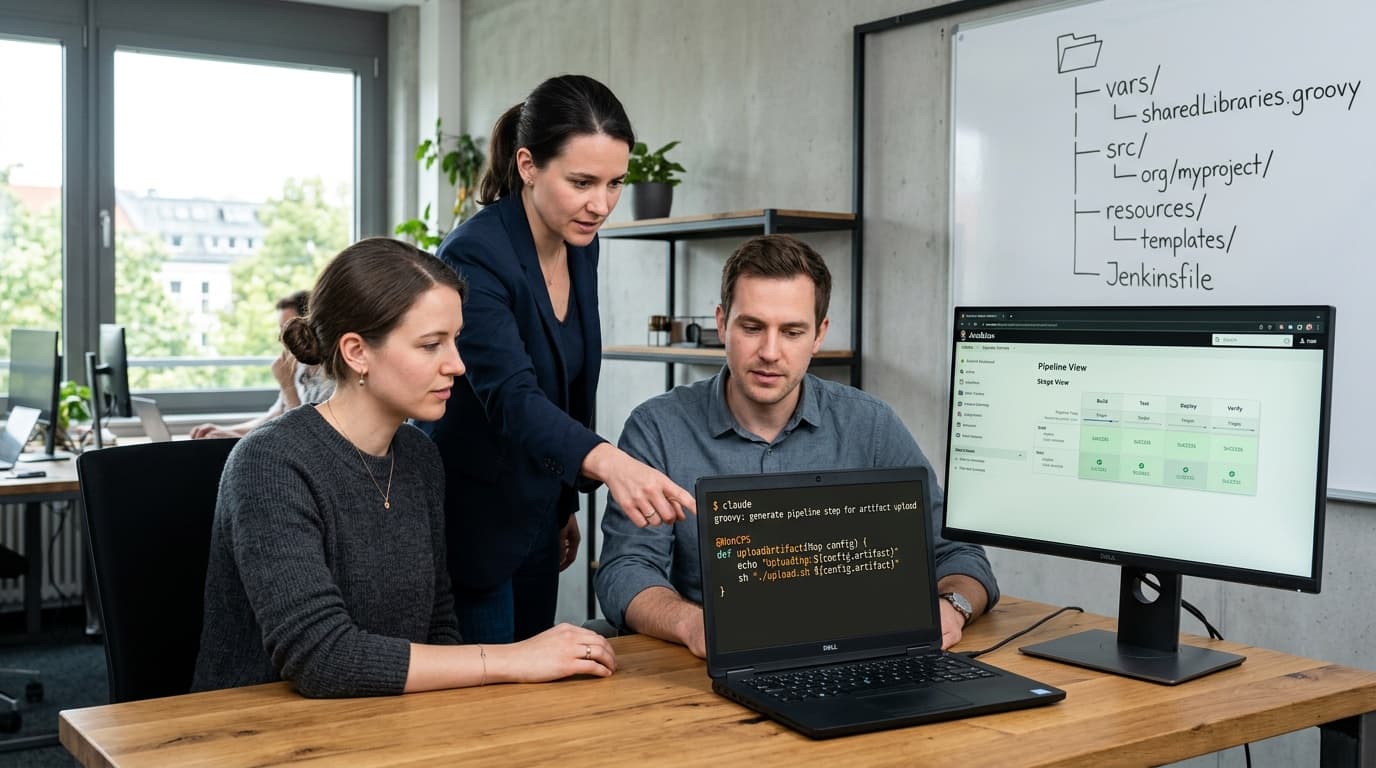 Drei Personen an einem Holztisch in einem hellen Büro. Eine Teilnehmerin und ein Teilnehmer schauen auf einen Laptop, auf dem im Terminal ein claude-Befehl und eine generierte Groovy-Methode mit @NonCPS-Annotation stehen, die einen sh-Aufruf enthält. Eine Trainerin zeigt auf den Bildschirm. Ein zweiter Monitor zeigt die Stage View einer Jenkins-Pipeline mit grünen Stages, auf dem Whiteboard dahinter ist die Ordnerstruktur einer Shared Library mit vars/, src/ und resources/ skizziert.