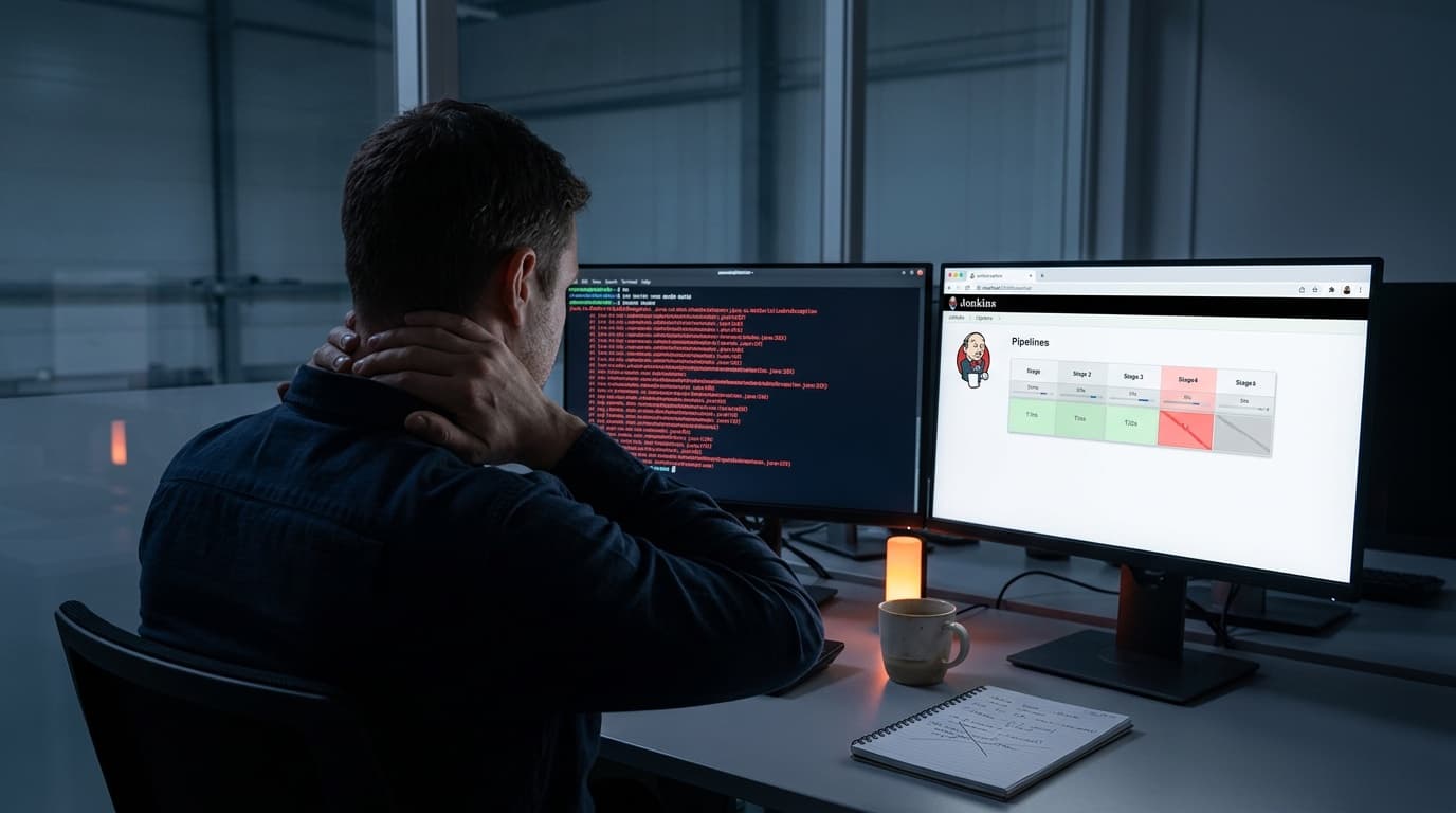 Ein Build-Engineer sitzt spätabends vor zwei Monitoren und greift sich in den Nacken. Links läuft im Terminal ein langer roter Stack-Trace, rechts zeigt die Jenkins-Stage-View drei grüne Stages, eine rote vierte und eine graue fünfte, die nicht mehr gestartet ist. Auf dem Tisch stehen eine Kaffeetasse und ein Notizblock mit durchgestrichenen Notizen.
